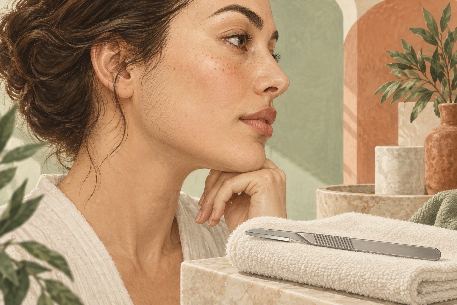 Editorial illustration of a facial profile and a dermaplaning tool on a towel