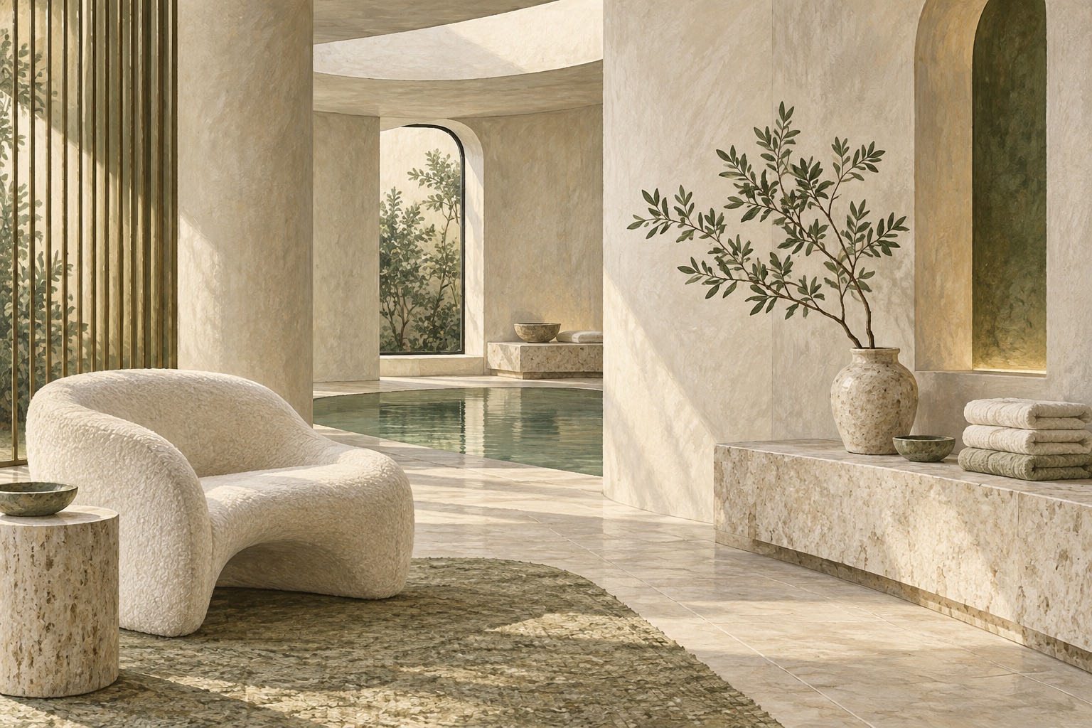 Concept illustration of a tranquil spa lounge with stone finishes and greenery