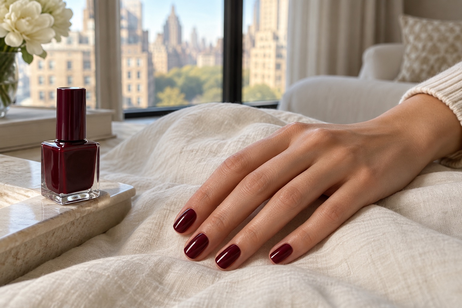Burgundy manicure beside a polish bottle and a softly lit city window