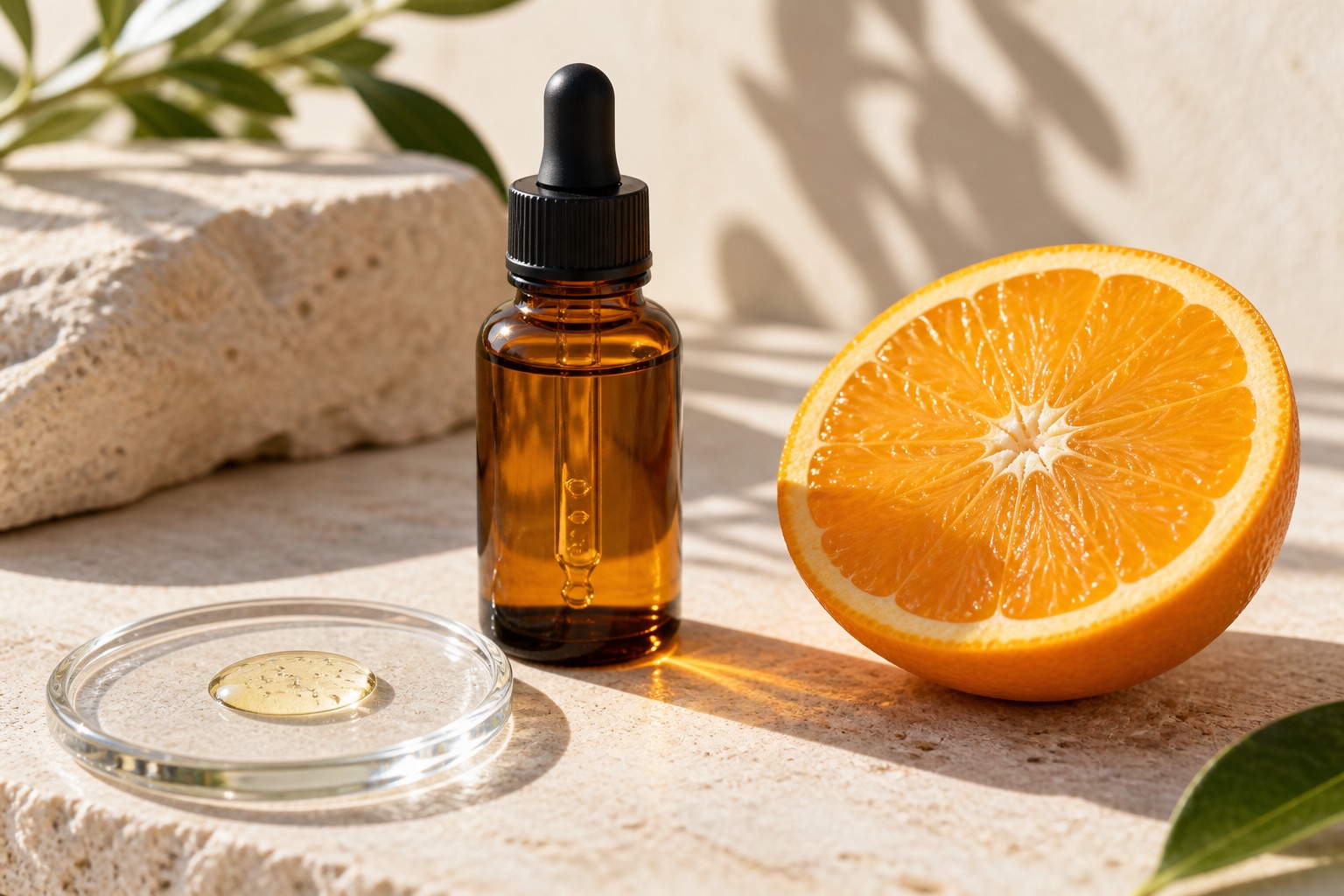 Amber serum bottle, orange half and serum on a glass dish